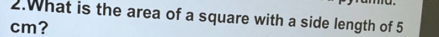 What is the area of a square with a side length of 5
cm?