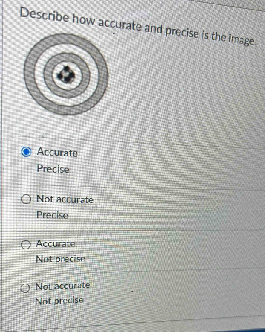 Describe how accurate and precise is the image.
Accurate
Precise
Not accurate
Precise
Accurate
Not precise
Not accurate
Not precise