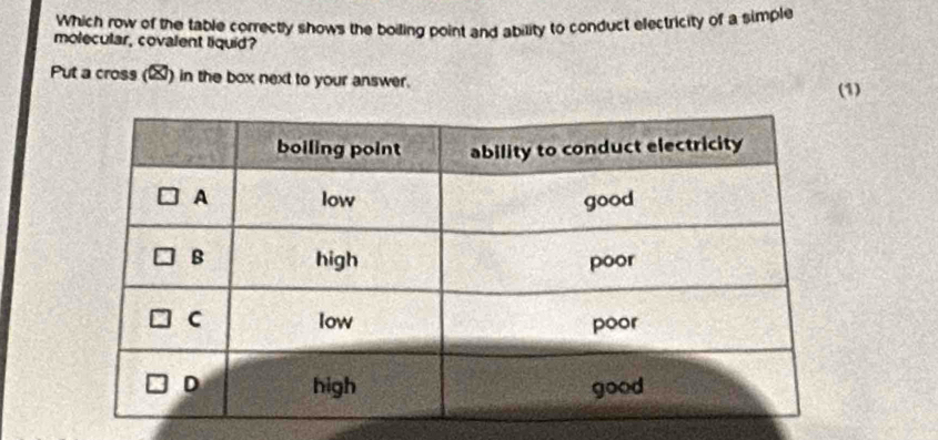 Which row of the table correctly shows the boiling point and ability to conduct electricity of a simple 
molecular, covalent liquid? 
Put a cross (▲) in the box next to your answer. 
(1)