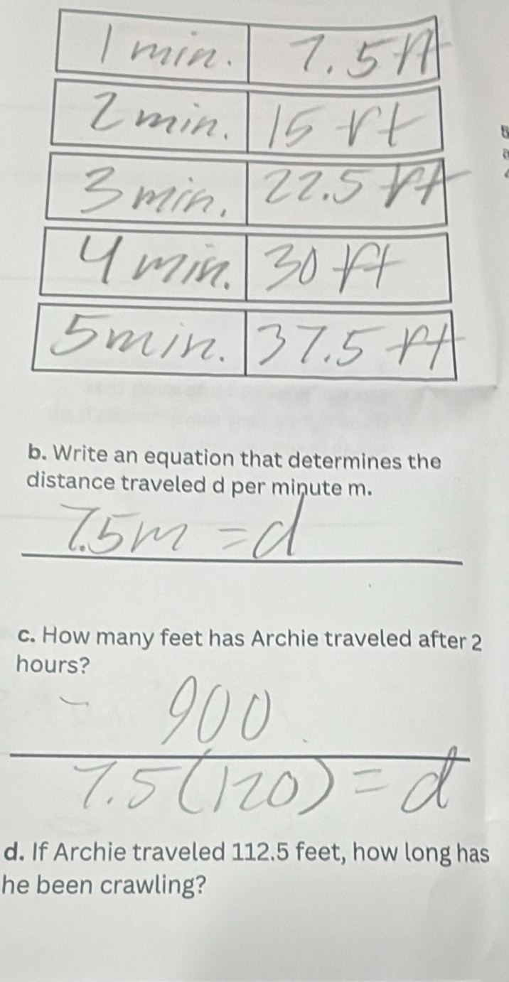 Write an equation that determines the 
distance traveled d per miņute m. 
_ 
c. How many feet has Archie traveled after 2
hours? 
d. If Archie traveled 112.5 feet, how long has 
he been crawling?