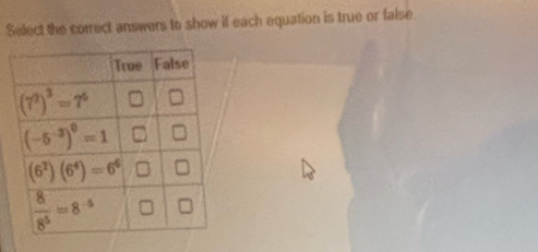 Select the correct answers to show if each equation is true or false.