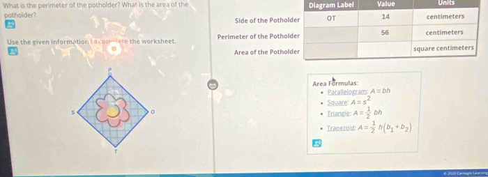 What is the perimeter of the potholder? What is the area of the Value Units 
potholder? 
a Side of the Pothol 
Use the given information to commiere the worksheet. Perimeter of the Pothol 
Area of the Pothol 
Area Formulas: 
Parallelogram: A=bh
Square: A=s^2
Triangle: A= 1/2 bh
Trapezoid: A= 1/2 h(b_1+b_2)