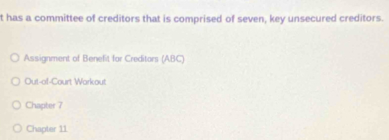 has a committee of creditors that is comprised of seven, key unsecured creditors. 
Assignment of Benefit for Creditors (ABC) 
Out-of-Court Workout 
Chapter 7 
Chapter 11