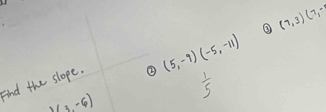 ③ (7,3)(7,-)
② (5,-9)(-5,-11)
Find the slope.
 1/5 
-2(3,-6)