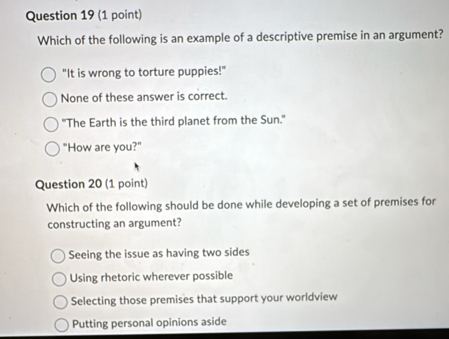 Solved: Which of the following is an example of a descriptive premise ...