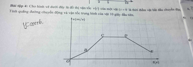 2 5 10
Bài tập 4: Cho hình vẽ dưới đây là đồ thị vận tốc v(t) của một vật (t=0 là thời điểm vật bắt đầu chuyển độn A. frac ^2 
Tính quãng đường chuyển động và vận tốc trung bình của vật 10 giây đầu tiên. 5 ： C
v(m/s)
C D
6:
B
E
0
t(s)