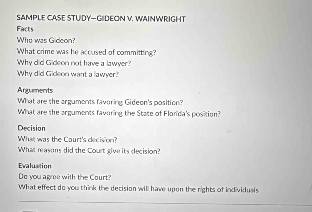 Solved: SAMPLE CASE STUDY—GIDEON V. WAINWRIGHT Facts Who was Gideon ...