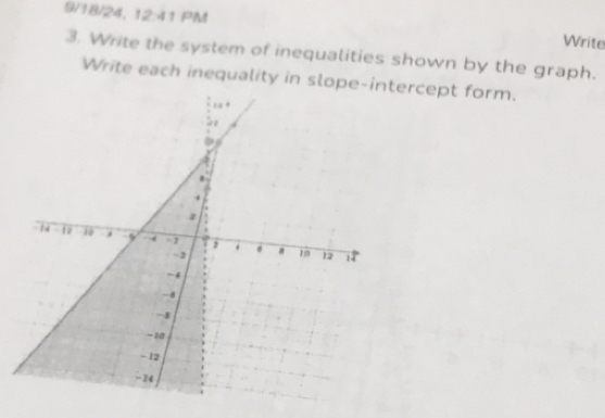 9/18/24, 12:41 PM Write 
3. Write the system of inequalities shown by the graph. 
Write each inequality in slopercept form.