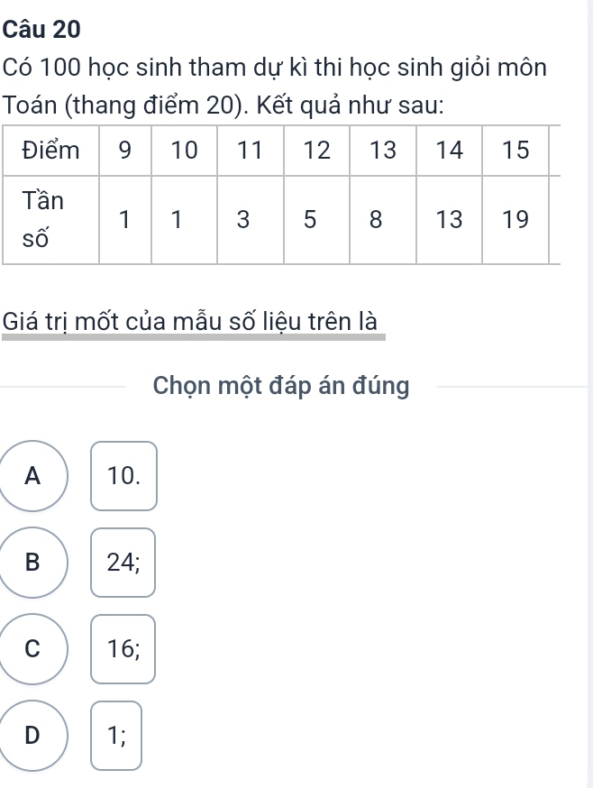 Có 100 học sinh tham dự kì thi học sinh giỏi môn
Toán (thang điểm 20). Kết quả như sau:
Giá trị mốt của mẫu số liệu trên là
Chọn một đáp án đúng
A 10.
B 24;
C 16;
D 1;