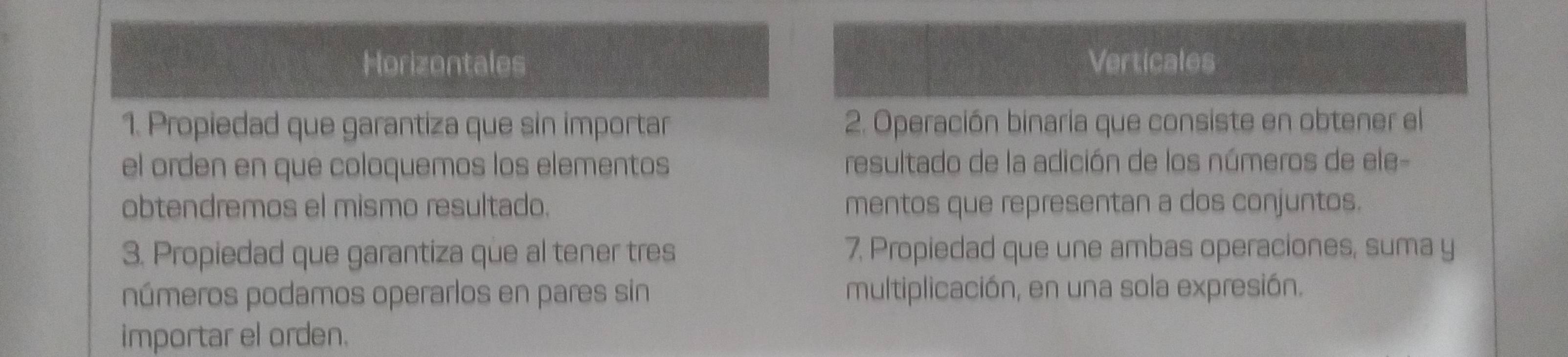 Horizontales Verticales 
1. Propiedad que garantiza que sin importar 2. Operación binaria que consiste en obtener el 
el orden en que coloquemos los elementos resultado de la adición de los números de ele 
obtendremos el mismo resultado. mentos que representan a dos conjuntos. 
3. Propiedad que garantiza que al tener tres 7. Propiedad que une ambas operaciones, suma y 
números podamos operarlos en pares sin multiplicación, en una sola expresión. 
importar el orden.