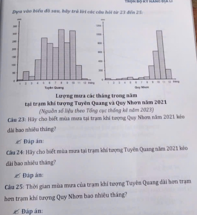 Trọn Bộ KY NANg địA LI 
Dựa vào biểu đồ sau, hãy trả lời các câu hỏi từ 23 đến 25 : 
Lượng mưa các tháng trong năm 
tại trạm khí tượng Tuyên Quang và Quy Nhơn năm 2021
(Nguồn số liệu theo Tổng cục thống kê năm 2023) 
Cầu 23: Hãy cho biết mùa mưa tại trạm khí tượng Quy Nhơn năm 2021 kéo 
dài bao nhiêu tháng? 
Đáp án: 
Câu 24: Hãy cho biết mùa mưa tại trạm khí tượng Tuyên Quang năm 2021 kéo 
dài bao nhiêu tháng? 
Đáp án: 
Câu 25: Thời gian mùa mưa của trạm khí tượng Tuyên Quang dài hơn trạm 
hơn trạm khí tượng Quy Nhơn bao nhiêu tháng? 
Đáp án: