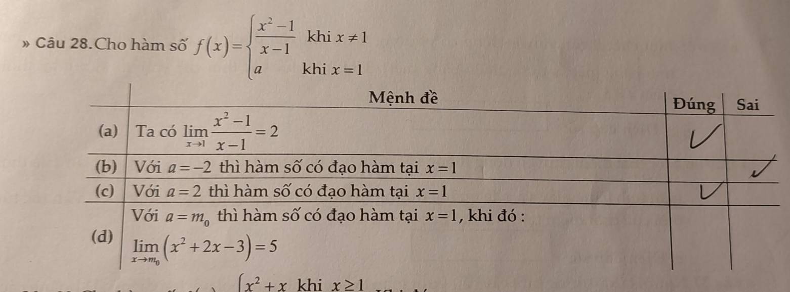 » Câu 28.Cho hàm số f(x)=beginarrayl  (x^2-1)/x-1 khix!= 1 akhix=1endarray.
(x^2+x khi x≥ 1