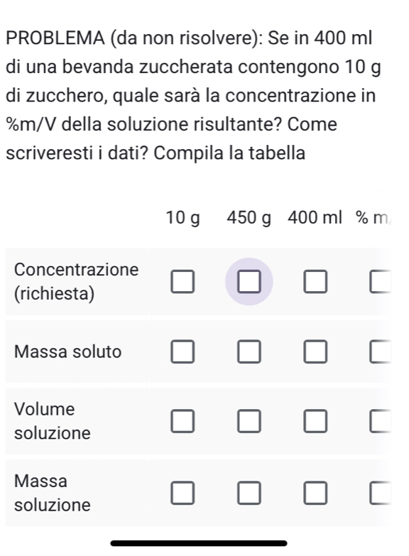 PROBLEMA (da non risolvere): Se in 400 ml
di una bevanda zuccherata contengono 10 g
di zucchero, quale sarà la concentrazione in
%m/V della soluzione risultante? Come 
scriveresti i dati? Compila la tabella
10 g 450 g 400 ml % m
Concentrazione 
(richiesta) 
Massa soluto 
Volume 
soluzione 
Massa 
soluzione