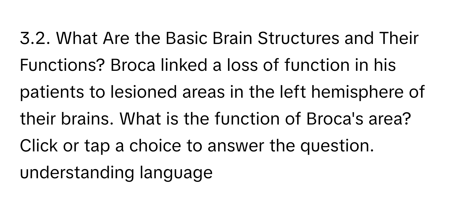 What Are the Basic Brain Structures and Their Functions? Broca linked a loss of function in his patients to lesioned areas in the left hemisphere of their brains. What is the function of Broca's area? Click or tap a choice to answer the question. understanding language