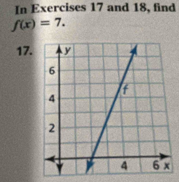 In Exercises 17 and 18, find
f(x)=7.
17.