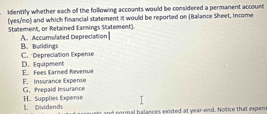 Identify whether each of the following accounts would be considered a permanent account 
(yes/no) and which financial statement it would be reported on (Balance Sheet, Income 
Statement, or Retained Earnings Statement). 
A. Accumulated Depreciation 
B. Buildings 
C. Depreciation Expense 
D. Equipment 
E. Fees Earned Revenue 
F. Insurance Expense 
G. Prepaid Insurance 
H. Supplies Expense 
I. Dividends 
unts and normal balances existed at year-end. Notice that expens