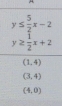 y≤  5/2 x-2
y≥  1/2 x+2
(1,4)
(3,4)
(4,0)