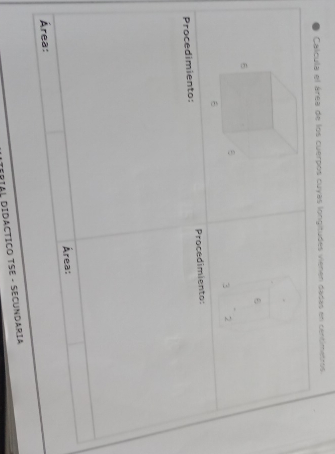 Calcula el área de los cuerpos cuyas longitudes vienen dadas en centimetros. 
3 2 
Procedimiento: Procedimiento: 
Área: 
Área: 
ÍRÍAL DIDACTICO TSE - SECUNDARIA