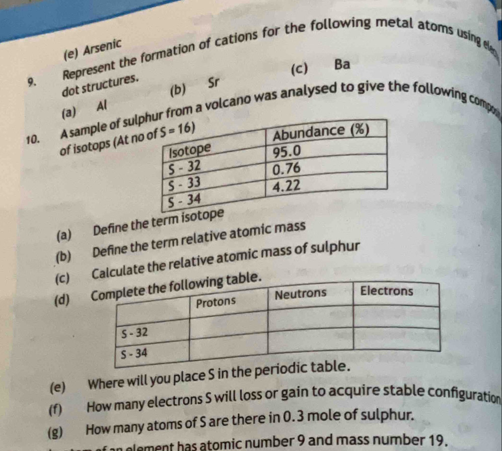 Represent the formation of cations for the following metal atoms using ele (e) Arsenic
(c) Ba
dot structures.
(a) Al (b) Sr
a volcano was analysed to give the following compo 
10. A sample of sul
of isotops (At n
(a) Define the term is
(b) Define the term relative atomic mass
(c) Calculate the relative atomic mass of sulphur
(d) 
(e) Where will you place S in the pe
(f) How many electrons S will loss or gain to acquire stable configuration
(g) How many atoms of S are there in 0. 3 mole of sulphur.
n element has atomic number 9 and mass number 19.