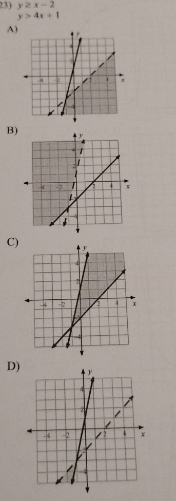 y≥ x-2
y>4x+1
A)
B)
C)
D)