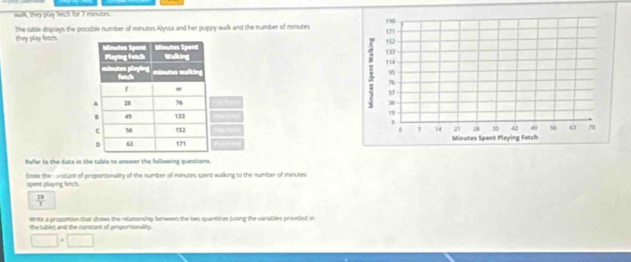 walk, they play fetch for 7 minutes. 
The table displays the possible number of minutes Alyssa and her puppy walk and the number of minutes
they play fetch. 





Refer to the data in the table to amswer the following questions. 
Ester the constant of proportionality of the number of minutes spent walking to the number of minutes
spent playing fetch.
 19/7 
ve te a propomtion that shows the relationship between the two quantities (using the variables provided in 
the table) and the constant of proportionality.
□ =□