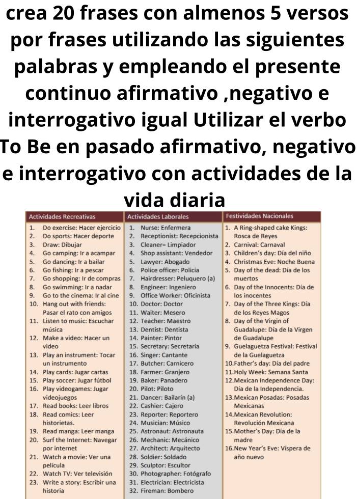 crea 20 frases con almenos 5 versos 
por frases utilizando las siguientes 
palabras y empleando el presente 
continuo afirmativo ,negativo e 
interrogativo igual Utilizar el verbo 
To Be en pasado afirmativo, negativo 
e interrogativo con actividades de la 
historia 32. Fireman: Bombero