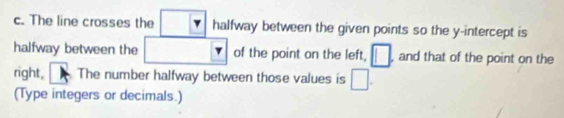 The line crosses the halfway between the given points so the y-intercept is 
halfway between the of the point on the left, □. , and that of the point on the 
right, The number halfway between those values is □. 
(Type integers or decimals.)