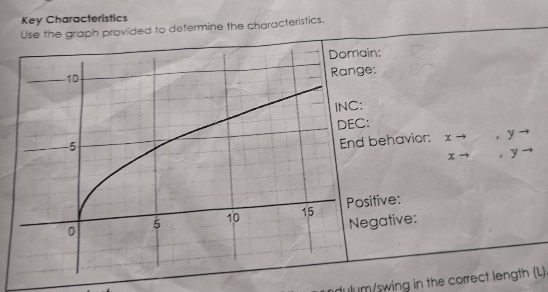 Key Characteristics 
Use the graph provided to determine the characteristics. 
in: 
Range: 
: 
behavior: x → ， y
χ→ ， y
sitive: 
egative: 
dulum/swing in the correct length (L)