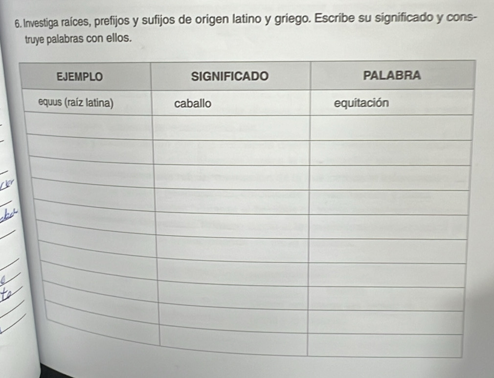 Investiga raíces, prefijos y sufijos de origen latino y griego. Escribe su significado y cons- 
truye palabras con ellos.