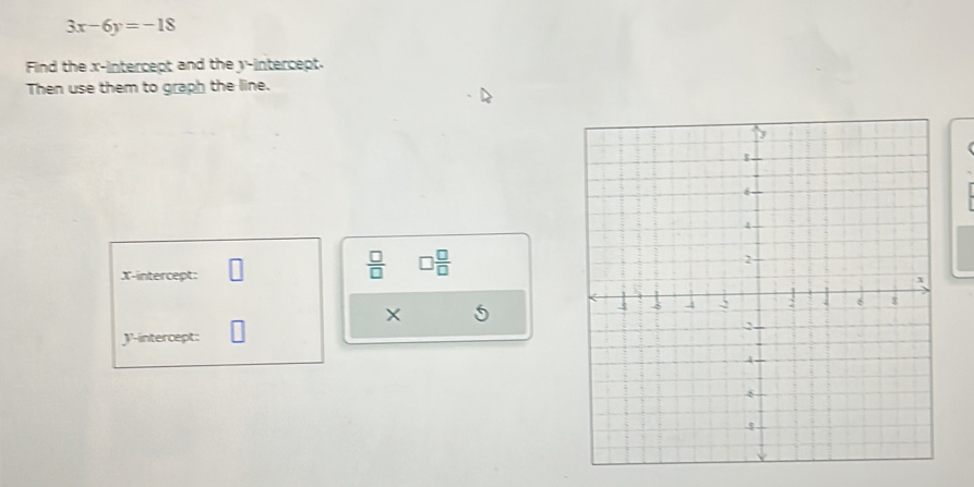 3x-6y=-18
Find the x-intercept and the y-intercept. 
Then use them to graph the line. 
X-intercept: 
 □ /□   □  □ /□  
5
V -intercept: