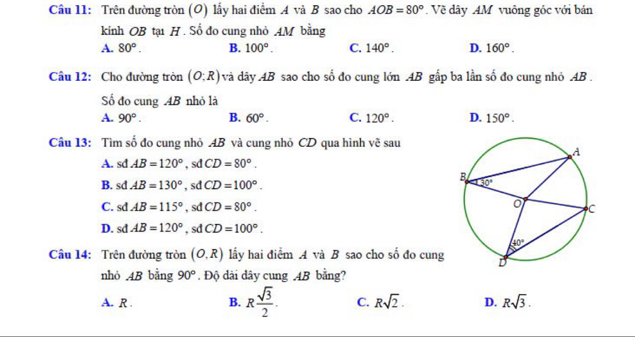 Trên đường tròn (O) lấy hai điểm A và B sao cho AOB=80°.  Về dây AM vuông góc với bán
kính OB tại H . Số đo cung nhỏ AM bằng
A. 80°. B. 100°. C. 140°. D. 160°.
Câu 12: Cho đường tròn (O;R) và dây AB sao cho số đo cung lớn AB gắp ba lần số đo cung nhỏ AB  .
ố đo cung AB nhỏ là
A. 90°. B. 60°. C. 120°. D. 150°.
Câu 13: Tìm số đo cung nhỏ 4B và cung nhỏ CD qua hình vẽ sau
A. sdAB=120° , sd CD=80°.
B. sd AB=130° , sd CD=100°.
C. s dAB=115° , sd CD=80°.
D. sd AB=120° , sd CD=100°.
Câu 14: Trên đường tròn (O,R) lấy hai điểm A và B sao cho số đo cung
nhỏ AB bằng 90°. Độ dài dây cung AB bằng?
A. R . B. R sqrt(3)/2 . C. Rsqrt(2). D. Rsqrt(3).