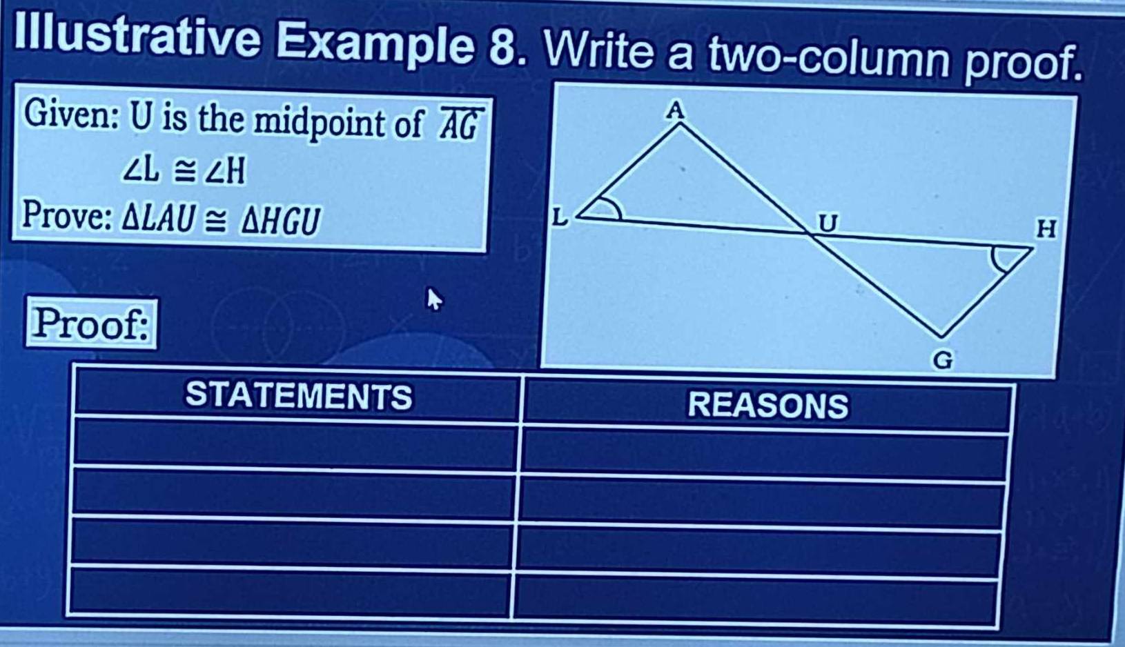 Illustrative Example 8. Write a two-column proof. 
Given: U is the midpoint of overline AG
∠ L≌ ∠ H
Prove: △ LAU≌ △ HGU
Proof: