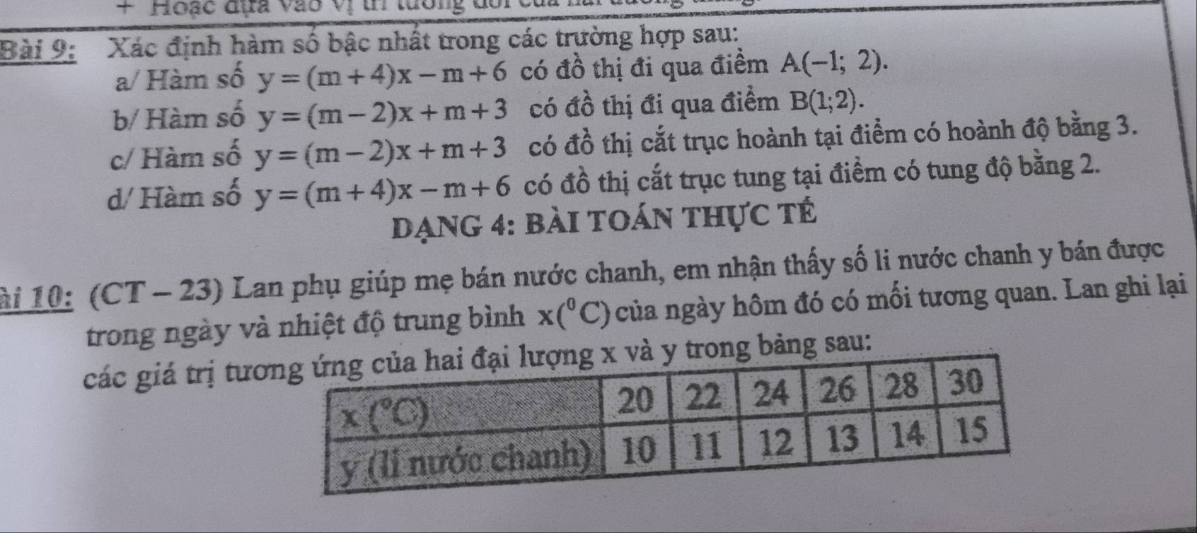 # Hoạc đựa vào vị t tuổn
Bài 9: Xác định hàm số bậc nhất trong các trường hợp sau:
a/ Hàm số y=(m+4)x-m+6 có đồ thị đi qua điềm A(-1;2).
b/ Hàm số y=(m-2)x+m+3 có đồ thị đi qua điểm B(1;2).
c/ Hàm số y=(m-2)x+m+3 có đồ thị cắt trục hoành tại điểm có hoành độ bằng 3.
d/ Hàm số y=(m+4)x-m+6 có đồ thị cắt trục tung tại điểm có tung độ bằng 2.
Dạng 4: bài toán thực tế
ài 10: (CT - 23) Lan phụ giúp mẹ bán nước chanh, em nhận thấy số li nước chanh y bán được
trong ngày và nhiệt độ trung bình x(^circ C) của ngày hôm đó có mối tương quan. Lan ghi lại
các giá trị tươ bảng sau: