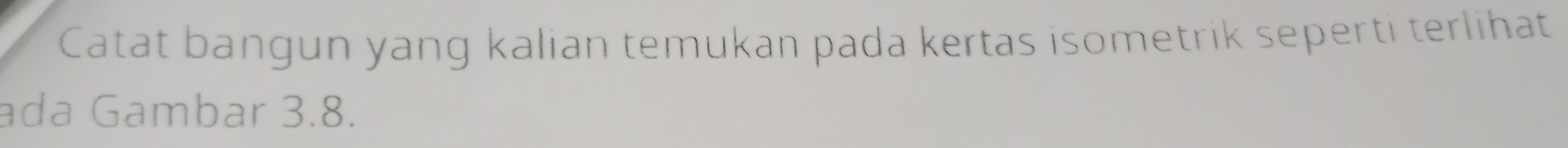 Catat bangun yang kalian temukan pada kertas isometrik seperti terlihat 
ada Gambar 3.8.