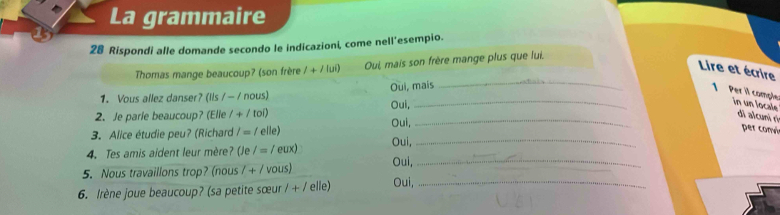 La grammaire 
28 Rispondi alle domande secondo le indicazioni, come nell’esempio. 
Thomas mange beaucoup? (son frère /+/lui) Oui, mais son frère mange plus que lui. 
Lire et écrire 
Oui, mais 
_ 
1.Yous allez danser? (Ils /-/nous) 
_ 
1 Per il comple in un locale 
Oui, 
di alcuni rì 
2. Je parle beaucoup? (Elle l+/toi) Oui,_ 
3. Alice étudie peu? (Richard l=/elle)
per convi 
4. Tes amis aident leur mère? (Je/=/eux)
Oui,_ 
Oui,_ 
5. Nous travaillons trop? (nous /+/vous) 
6. Irène joue beaucoup? (sa petite sœur /+/elle) Oui,_