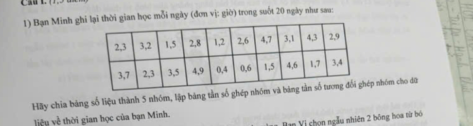 ( ) 
1) Bạn Minh ghi lại thời gian học mỗi ngày (đơn vị: giờ) trong suốt 20 ngày như sau: 
Hãy chia bảng số liệu thành 5 nhóm, lập bảng tần số ghép nhp nhóm cho dữ 
liệu về thời gian học của bạn Minh. 
n Vị chọn ngẫu nhiên 2 bông hoa từ bó