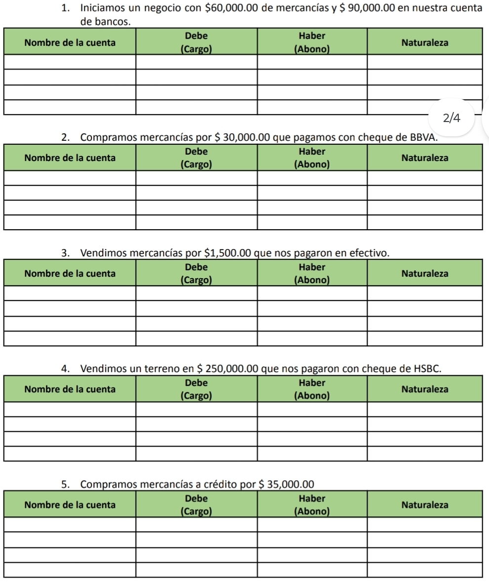Iniciamos un negocio con $60,000.00 de mercancías y $ 90,000.00 en nuestra cuenta 
2. Compramos mercancías por $ 30,000.00 que pagamos con cheque de BBVA. 
4. Vendimos un terreno en $ 250,000.00 que nos pagaron con cheque de HSBC.