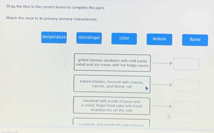 Drag the tiles to the correct boxes to complete the pairs.
Match the meal to its primary sensory characteristic.
temperature size/shape color texture flavor
grilled cheese sandwich with cold pasta
salad and ice cream with hot fudge sauce
baked chicken, broccoli with cheese,
carrots, and dinner roll
meatloaf with a side of peas and
a salad; Angel food cake with fresh
strawberries on the side
□  
snanhetti and meathalls with sninach