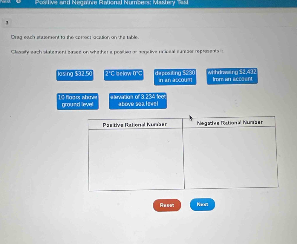 Next Positive and Negative Rational Numbers: Mastery Test
3
Drag each statement to the correct location on the table.
Classify each statement based on whether a positive or negative rational number represents it.
losing $32.50 2°C below 0°C depositing $230 withdrawing $2,432
in an account from an account
10 floors above elevation of 3,234 feet
ground level above sea level
Positive Rational Number Negative Rational Number
Reset Next