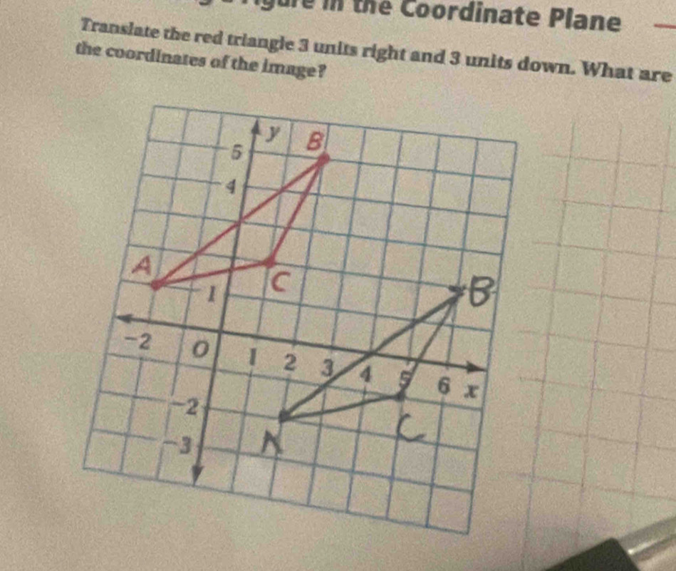 igure in the Coordinate Plane 
Translate the red triangle 3 units right and 3 units down. What are 
the coordinates of the image?