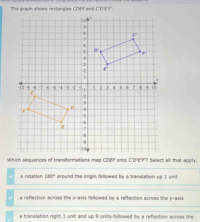 The graph shows rectangles CDEF and C'D'E'F'.
? Select all that apply.
_
a rotation 180° around the origin followed by a translation up 1 unit
_
_
a reflection across the x-axis followed by a reflection across the y-axis
_
_
a translation right 1 unit and up 9 units followed by a reflection across the