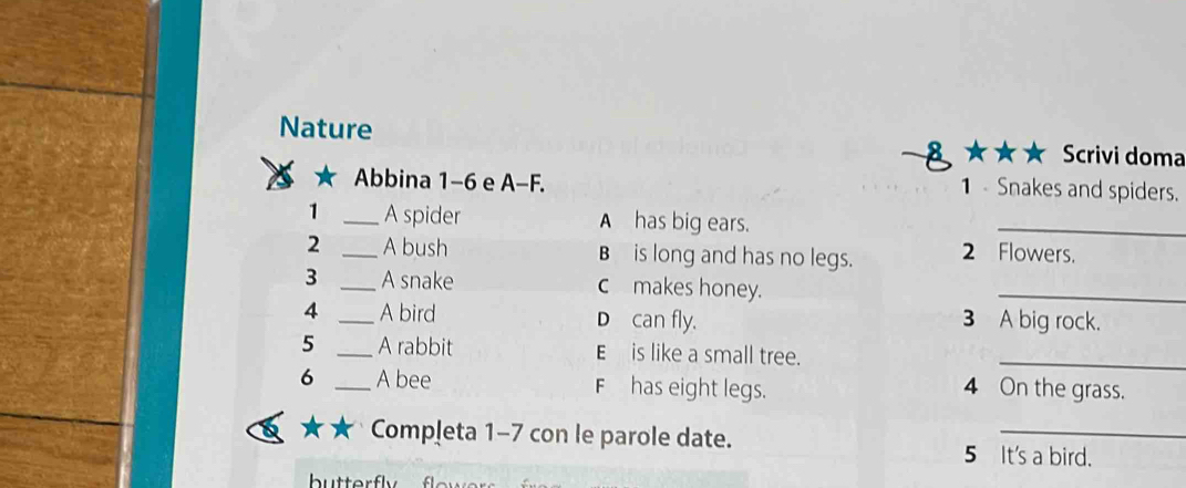 Nature 8 ★ ★ ★ Scrivi doma 
Abbina 1-6 e A-F. 1- Snakes and spiders. 
1 _A spider A has big ears. 
_ 
2 _A bush B is long and has no legs. 2 Flowers. 
3 _A snake cmakes honey. 
_ 
4 _A bird D can fly. 3 A big rock. 
5 _A rabbit Eis like a small tree. 
_ 
6 _A bee F has eight legs. 4 On the grass. 
Completa 1-7 con le parole date. 5 It's a bird.