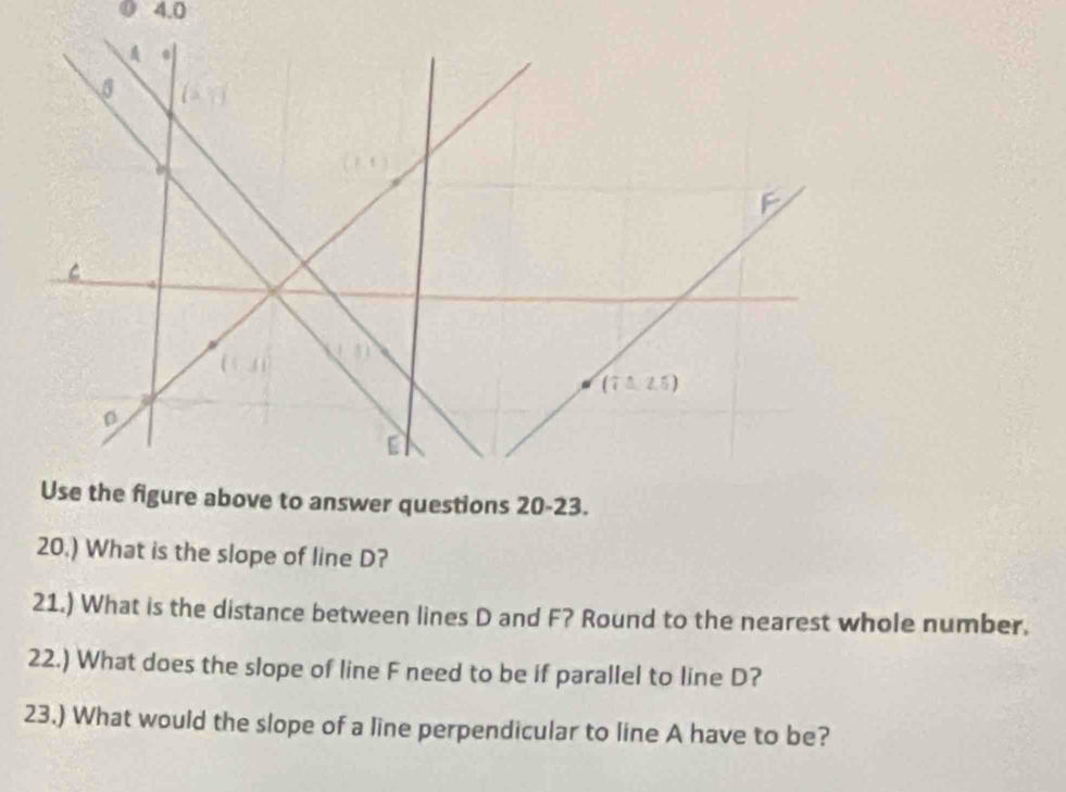 4.0
Use the figure above to answer questions 20-23.
20.) What is the slope of line D?
21.) What is the distance between lines D and F? Round to the nearest whole number.
22.) What does the slope of line F need to be if parallel to line D?
23.) What would the slope of a line perpendicular to line A have to be?