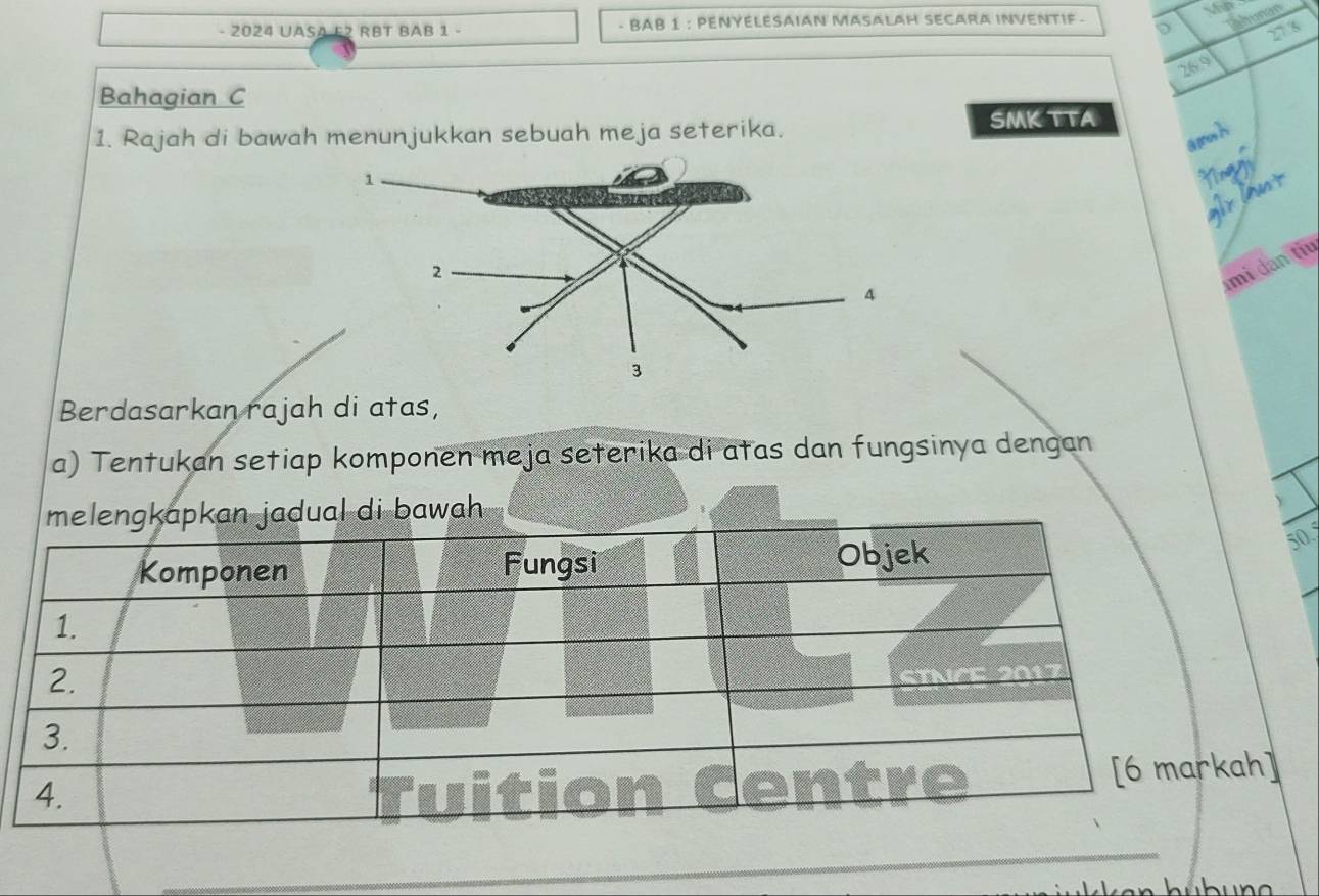 2024 UASA E2 RBT BAB 1 - - BAB 1 : PENYELESAIAN MASALAH SECARA INVENTIF - D Thunan 
275
26.9
Bahagian C 
1. Rajah di bawah menunjukkan sebuah meja seterika. SMK TTA 
in 
1 
YAM 
2 
mi dan tiu 
3 
Berdasarkan rajah di atas, 
a) Tentukan setiap komponen meja seterika di atas dan fungsinya dengan
50. 
]