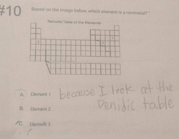 #10 Based on the image below, which element is a nonmetal? *
A. Element 1
B. Element 2
C. Element 3