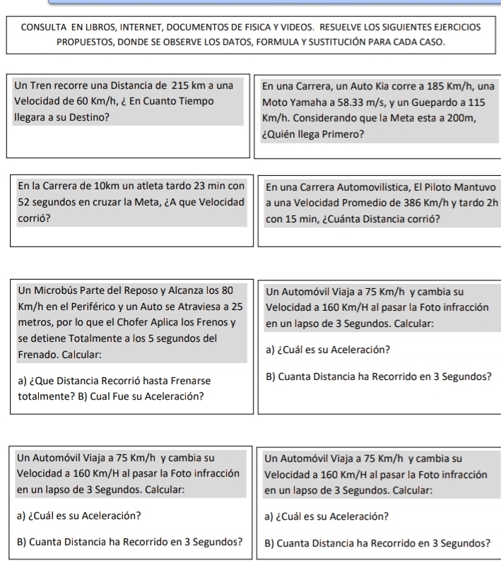 CONSULTA EN LIBROS, INTERNET, DOCUMENTOS DE FISICA Y VIDEOS. RESUELVE LOS SIGUIENTES EJERCICIOS
PROPUESTOS, DONDE SE OBSERVE LOS DATOS, FORMULA Y SUSTITUCIÓN PARA CADA CASO.
Un Tren recorre una Distancia de 215 km a una En una Carrera, un Auto Kia corre a 185 Km/h, una
Velocidad de 60 Km/h, ¿ En Cuanto Tiempo Moto Yamaha a 58.33 m/s, y un Guepardo a 115
llegara a su Destino? Km/h. Considerando que la Meta esta a 200m,
¿Quién llega Primero?
En la Carrera de 10km un atleta tardo 23 min con En una Carrera Automovilistica, El Piloto Mantuvo
52 segundos en cruzar la Meta, ¿A que Velocidad a una Velocidad Promedio de 386 Km/h y tardo 2h
corrióʔ con 15 min, ¿Cuánta Distancia corrió?
Un Microbús Parte del Reposo y Alcanza los 80 Un Automóvil Viaja a 75 Km/h y cambia su
Km/h en el Periférico y un Auto se Atraviesa a 25 Velocidad a 160 Km/H al pasar la Foto infracción
metros, por lo que el Chofer Aplica los Frenos y en un lapso de 3 Segundos. Calcular:
se detiene Totalmente a los 5 segundos del
Frenado. Calcular: a) ¿Cuál es su Aceleración?
a) ¿Que Distancia Recorrió hasta Frenarse B) Cuanta Distancia ha Recorrido en 3 Segundos?
totalmente? B) Cual Fue su Aceleración?
Un Automóvil Viaja a 75 Km/h y cambia su Un Automóvil Viaja a 75 Km/h y cambia su
Velocidad a 160 Km/H al pasar la Foto infracción Velocidad a 160 Km/H al pasar la Foto infracción
en un lapso de 3 Segundos. Calcular: en un lapso de 3 Segundos. Calcular:
a) ¿Cuál es su Aceleración? a) ¿Cuál es su Aceleración?
B) Cuanta Distancia ha Recorrido en 3 Segundos? B) Cuanta Distancia ha Recorrido en 3 Segundos?