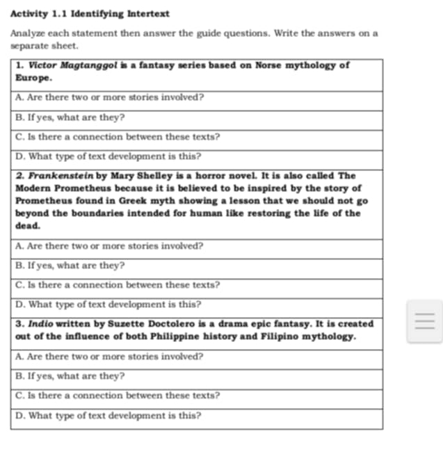 Activity 1.1 Identifying Intertext
Analyze each statement then answer the guide questions. Write the answers on a
se
1
E
A
B
C
D
2
M
P
b
d
A
B
C
D
3=
o
A
B
C
D