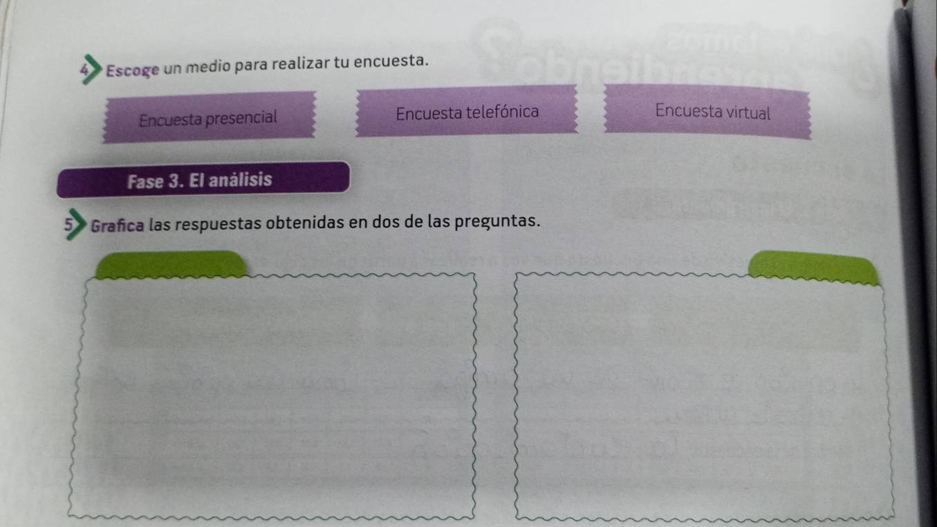 Escoge un medio para realizar tu encuesta. 
Encuesta presencial Encuesta telefónica 
Encuesta virtual 
Fase 3. El análisis 
5 * Grafca las respuestas obtenidas en dos de las preguntas.