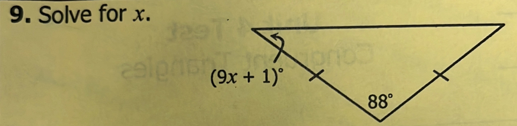 Solve for x.
(9x+1)^circ 
88°