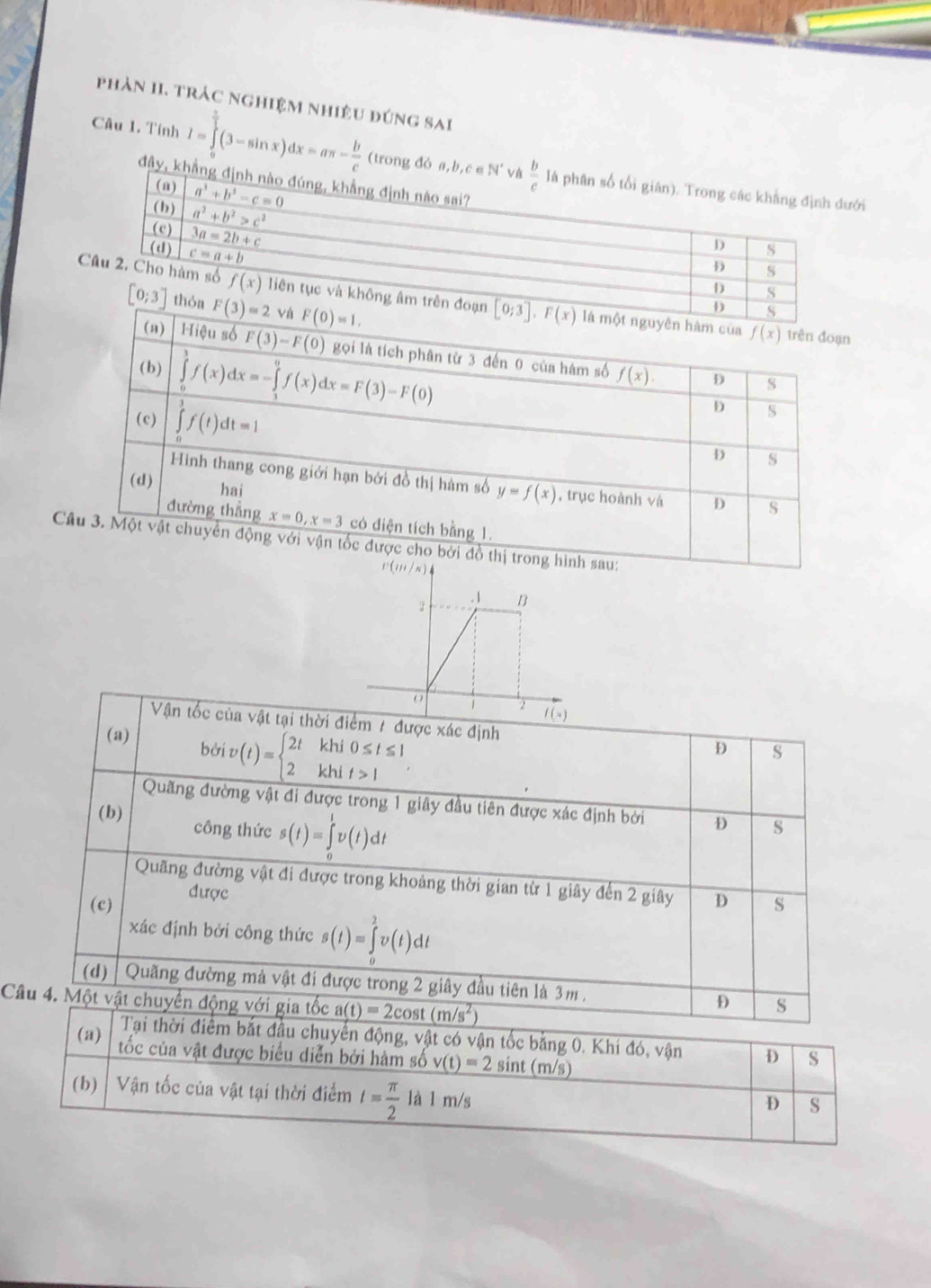 phản II. trác nghiệm nhiêu đúng sai
Câu 1. Tính I=∈tlimits _0^((frac π)3)(3-sin x)dx=aπ - b/c  (trong đỏ a,b,i
đây, kh
 
. 1 B
o | l(x)
Vận tốc của vật tại thời điểm / được xác định
(a) s
bdiv(t)=beginarrayl 2tkhi0≤ t≤ 1 2khit>1endarray.
D
Quãng đường vật đi được trong 1 giây đầu tiên được xác định bởi D s
(b) công thức s(t)=∈tlimits _0^(1v(t)dt
Quãng đường vật đi được trong khoảng thời gian từ 1 giây đến 2 giây D s
(c) được
xác định bởi công thức s(t)=∈tlimits _0^2v(t)dt
(d)  Quãng đường mà vật đi được trong 2 giây đầu tiên là 3m .
Câu 4. Một vật chuyển động với gia tốc a(t)=2cos t(m/s^2))
D s
Tại thời điểm bắt đầu chuyển động, vật có vận tốc bằng 0. Khi đó, vận D s
(a) ốc của vật được biểu diễn bởi hàm số v(t)=2sin t(m/s)
(b) Vận tốc của vật tại thời điểm t= π /2  là l m/s
D s